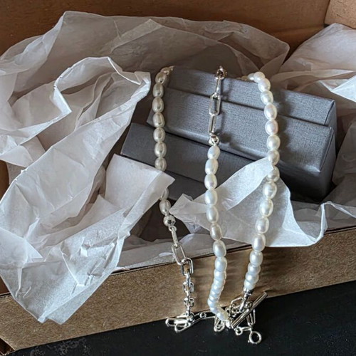 925 Sterling Silver Necklace and Bracelet Set with Natural Pearls and Paperclip Chain