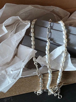 925 Sterling Silver Necklace and Bracelet Set with Natural Pearls and Paperclip Chain