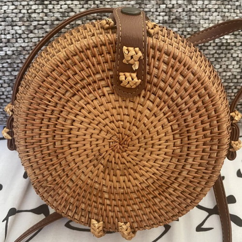 Round Bamboo Rattan Bag with Long Brown Strap