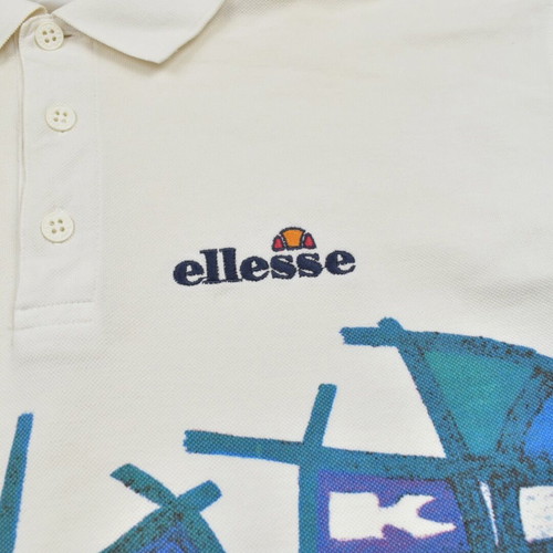 Ellesse vintage art print polo shirt 90s white blue, used, size L