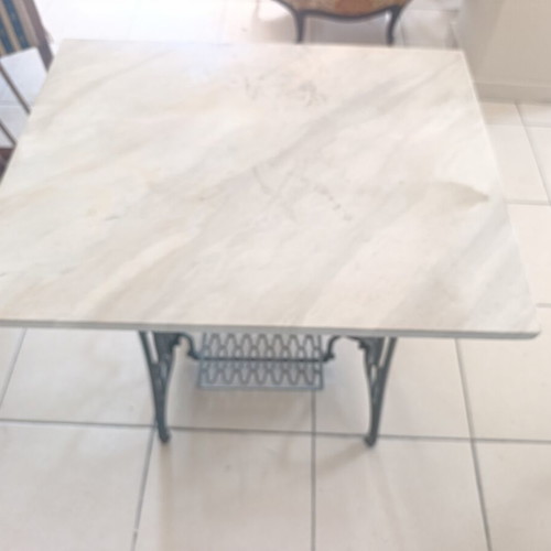 Vintage table console with Singer cast iron base and marble top used