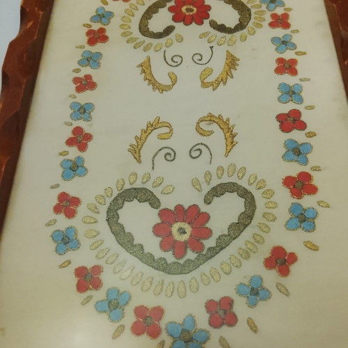 Vintage wooden serving tray with handmade embroidery, used