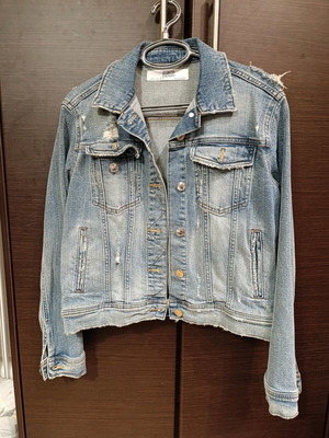 Zara mid-length denim jacket with rips like new, size M