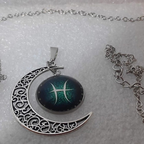 Crescent Moon Pendant with Pisces Zodiac like new