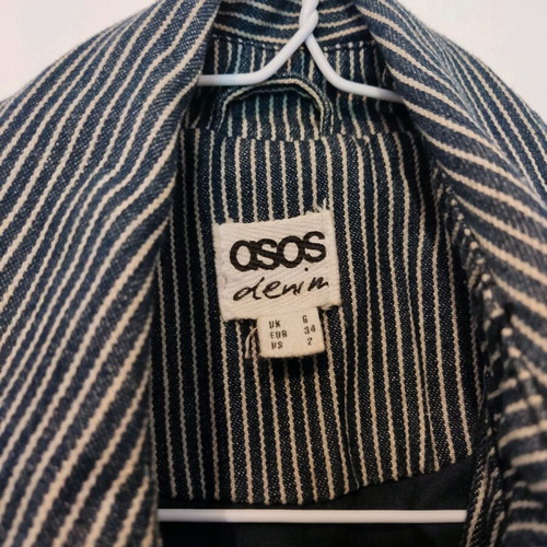 Asos denim classic pinstripe trench coat used, navy blue, size 6