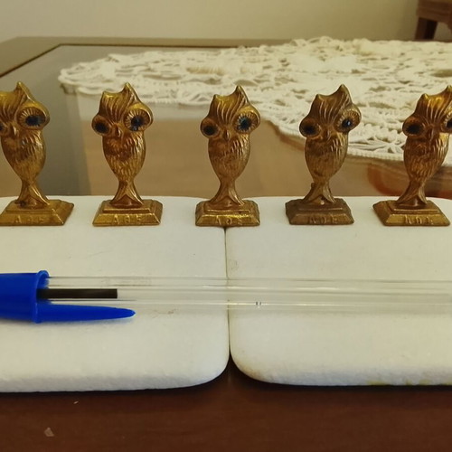 Set of 5 vintage large bronze Athena owls used