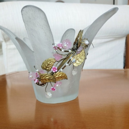 Handmade Murano Art Glass Lotus Vase, like new, 20cm opening