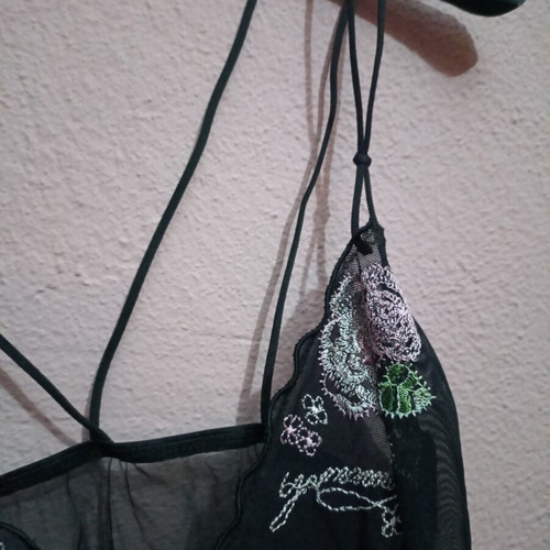 Black transparent negligee with floral embroidery new