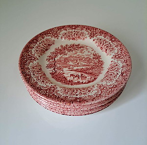 River Scenes Σετ Πιάτα Γλυκού Ø17,4cm 6τεμ. Ironstone Tableware Red & White English Vintage #00827