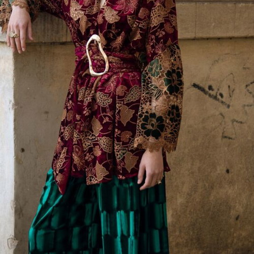 Nidodileda Velvet Crochet Kimono Blazer with Belt