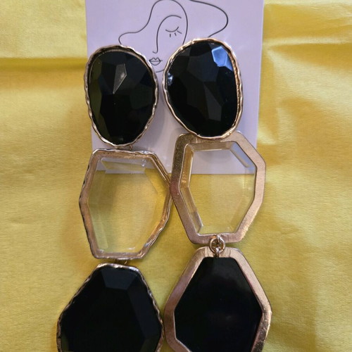 Large impressive earrings new, black with gold and transparent