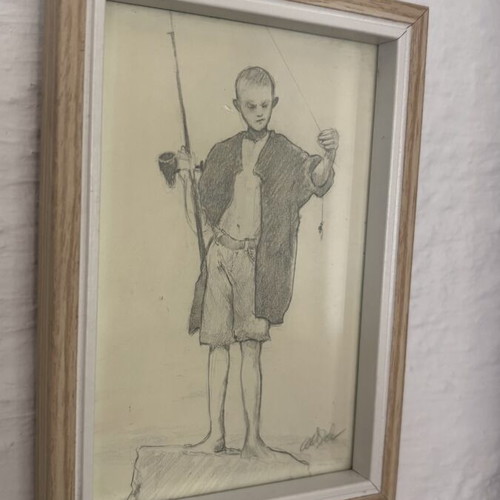 The Young Angler Αρχικό σχέδιο με μολύβι και μελάνι 2024 κατά παραγγελία