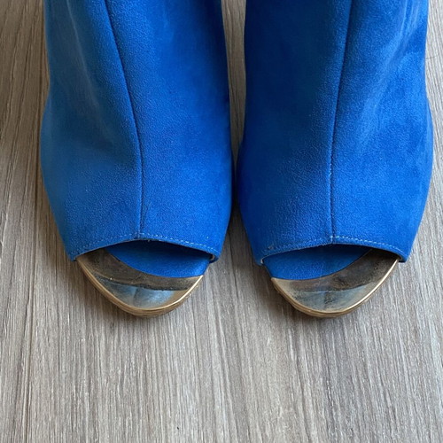 Electric Blue Suede Peep-Toe Heeled Ankle Boots, size 38