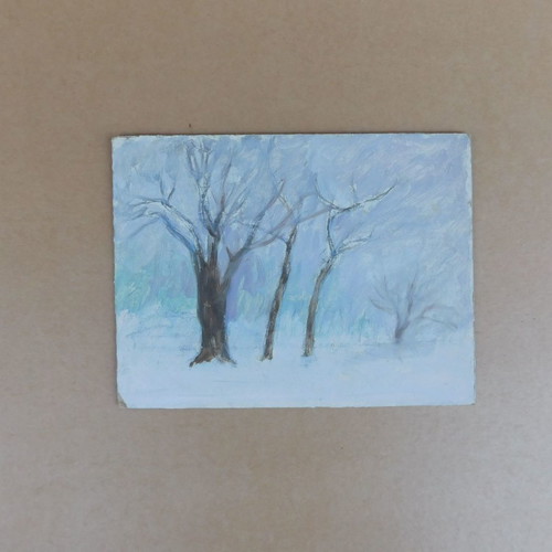 Small painting forest in winter painting on wood