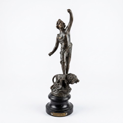 La Force allegorical sculpture by ASCO England, spelter on wooden base