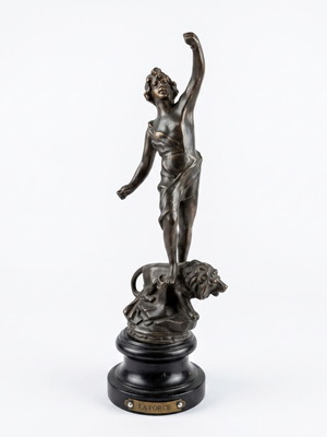 La Force allegorical sculpture by ASCO England, spelter on wooden base