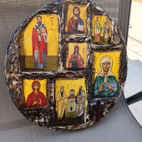 Religious icon composition on wood 24x22 cm