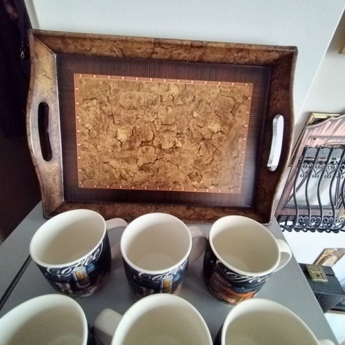 Tea cup set of six new with large wooden tray