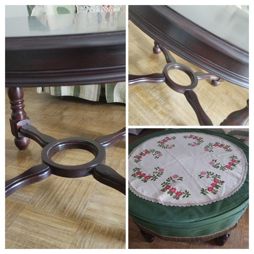 Vintage set of 3 wooden coffee tables with retro covers and embroidery used