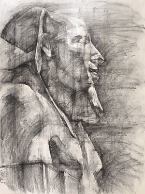 Original Charcoal Drawing on Ingres Paper Pharaoh Akhenaton Bust like new 70x50 cm