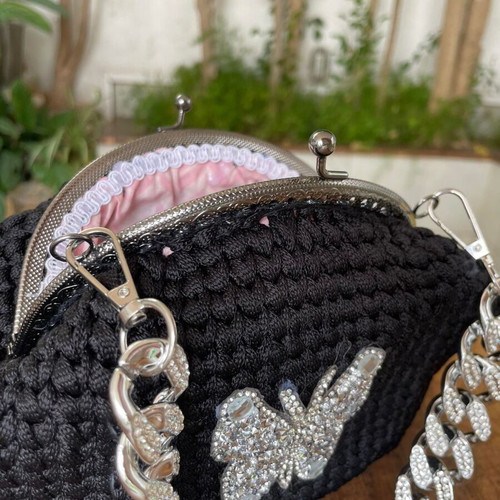 Handmade black knitted handbag with rhinestone butterfly and crystals, new