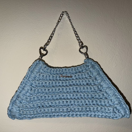 Handmade handbag like new, blue and turquoise with silver chain