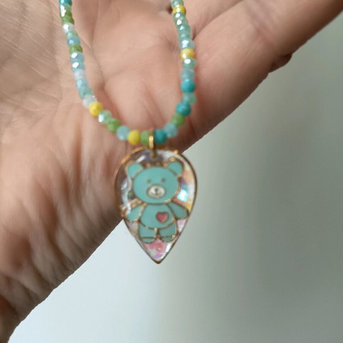 Children's teddy bear necklace with crystals, turquoise and gold colors