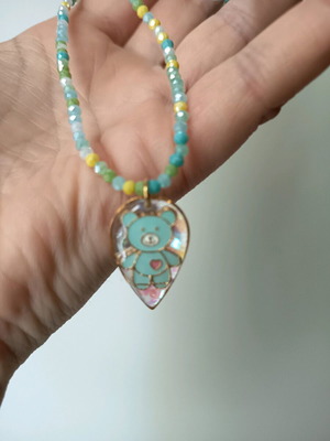Children's teddy bear necklace with crystals, turquoise and gold colors
