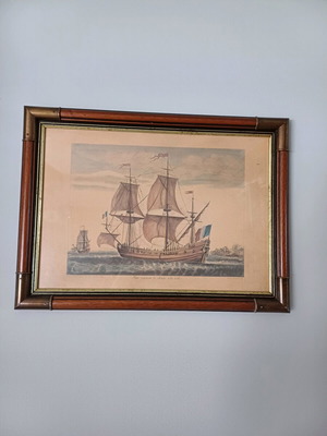 Framed picture with wooden frame and brass details like new