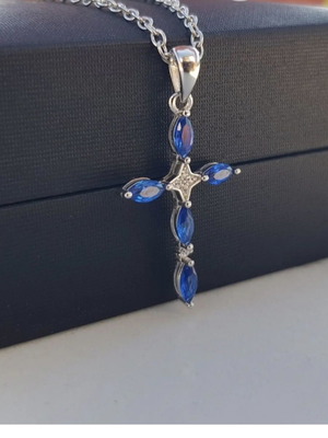 Women's silver cross pendant with blue cubic zirconia