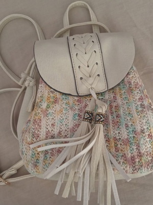 Women's small backpack bag used, beige multicolor