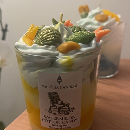 Handmade soy candle with watermelon cotton candy scent
