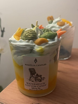 Handmade soy candle with watermelon cotton candy scent