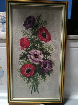 Embroidery with flowers in frame 45cm x 25cm like new