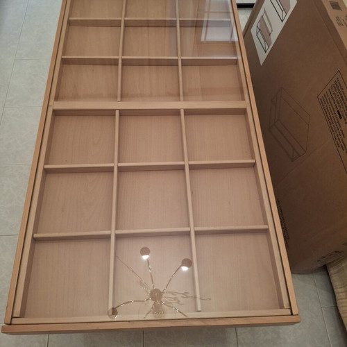 Wooden coffee table with display frame and lower shelf