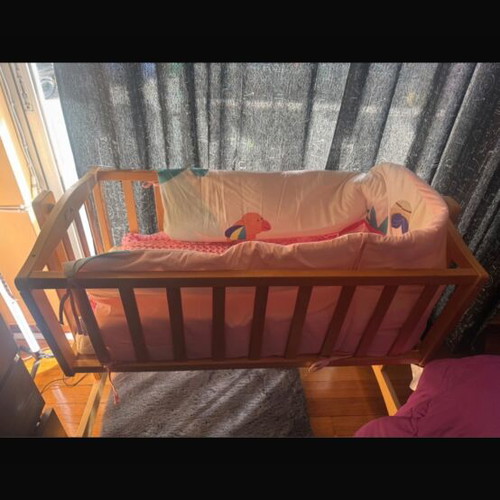 Baby cot used, wooden with anatomical mattress and bumpers