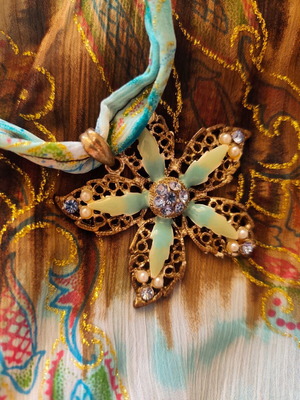 Fairycore forest-inspired top with asymmetric flower brooch, turquoise and brown