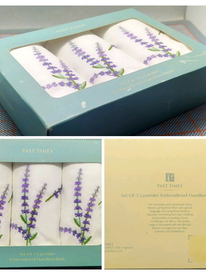 Vintage Victorian set of 3 embroidered lavender handkerchiefs new, white