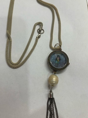 Handmade vintage necklace watch with white and beige chain