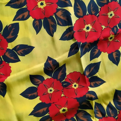 Vintage crepe fabric yellow with red flowers 3.2 m and gift white satin