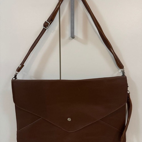 Leather envelope bag used, brown, with shoulder and hand strap