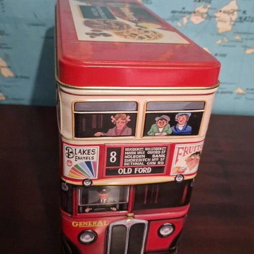 Collectible metal Walkers tin used, vintage London double-decker bus