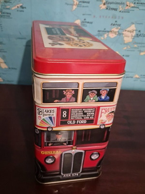 Collectible metal Walkers tin used, vintage London double-decker bus
