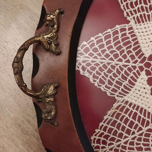 Wooden serving tray with crochet used, 40cm diameter