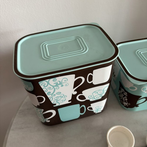 Tupperware coffee and sugar containers with spoons, new