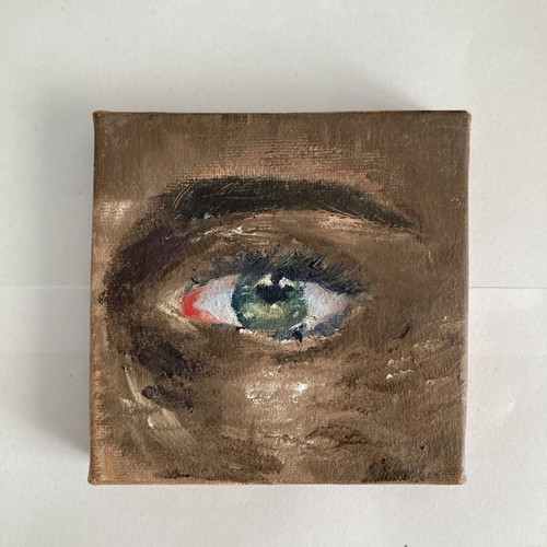 Green Eye Study original miniature oil painting 10x10 cm used
