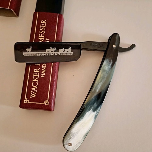 Wacker Huntsman 7/8+ Extra Full Hollow straight razor NOS unused with buffalo horn handle