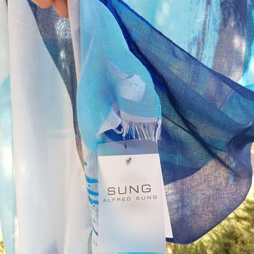 Alfred Sung large vibrant blue turquoise and white pareo