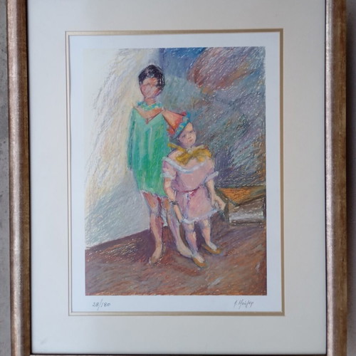 Silkscreen artwork by Eleni Mouger with children's figures, used, framed