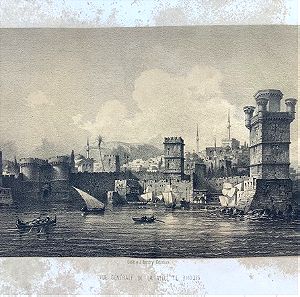 Ρόδος 19ος αιώνας Λιθογραφική απεικόνιση της πόλης μεγάλο μέγεθος 52x36cm λιθογραφία